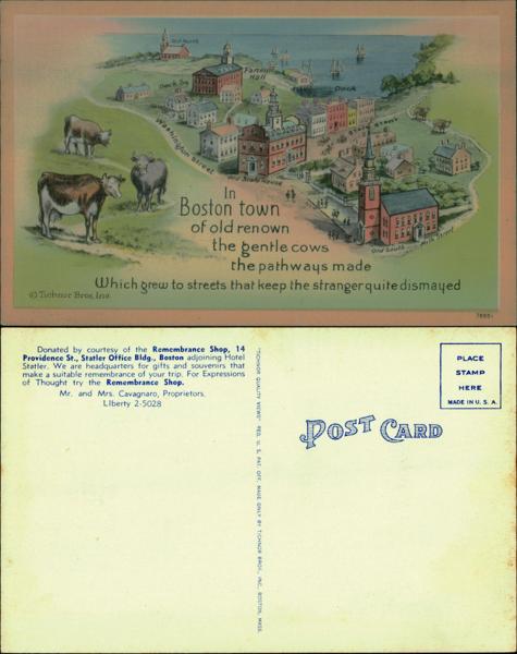 Historic Boston town with cows and buildings illustration
