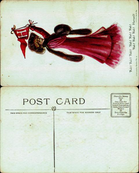 Harvard - Girl in red dress holding Harvard pennant