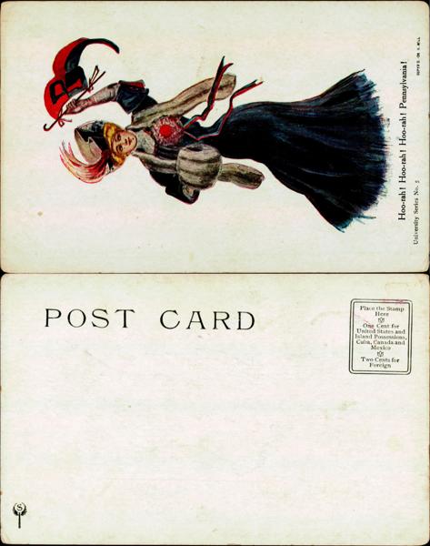 UPenn - Female figure celebrating Pennsylvania, waving a flag.