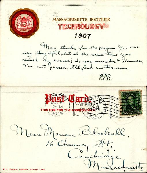 MIT - [Marian Blackall, Daughter of Boston Architect Clarence Blackall] MIT Postcard
