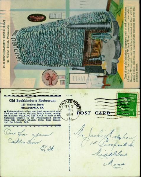Old Bookbinder's Restaurant Postcard
