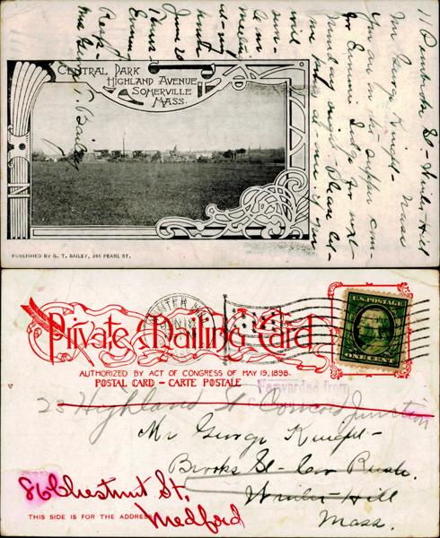 Vintage postcard: Central Park, Highland Avenue, Somerville · Private Mailing Card, postmarked 1898