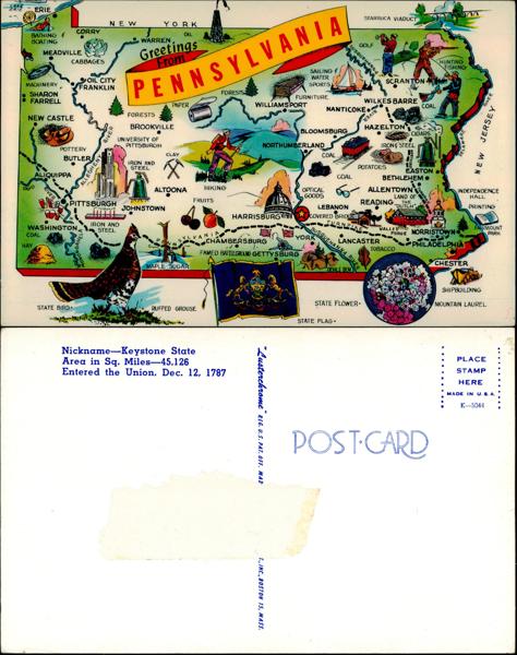 University of Pittsburgh - Colorful Pennsylvania Map Postcard