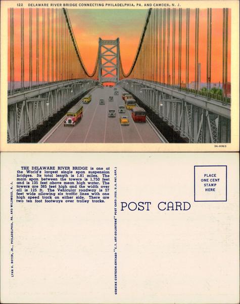 Vintage postcard: Delaware River Bridge connecting Philadelphia, PA and Camden, NJ · Curt Teich linen, c.1930s